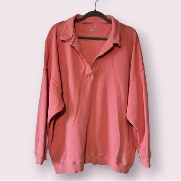 Aerie Oversized Happy Henley Everyday Polo Sweatshirt Size L Coral Pink wPockets - Picture 1 of 4